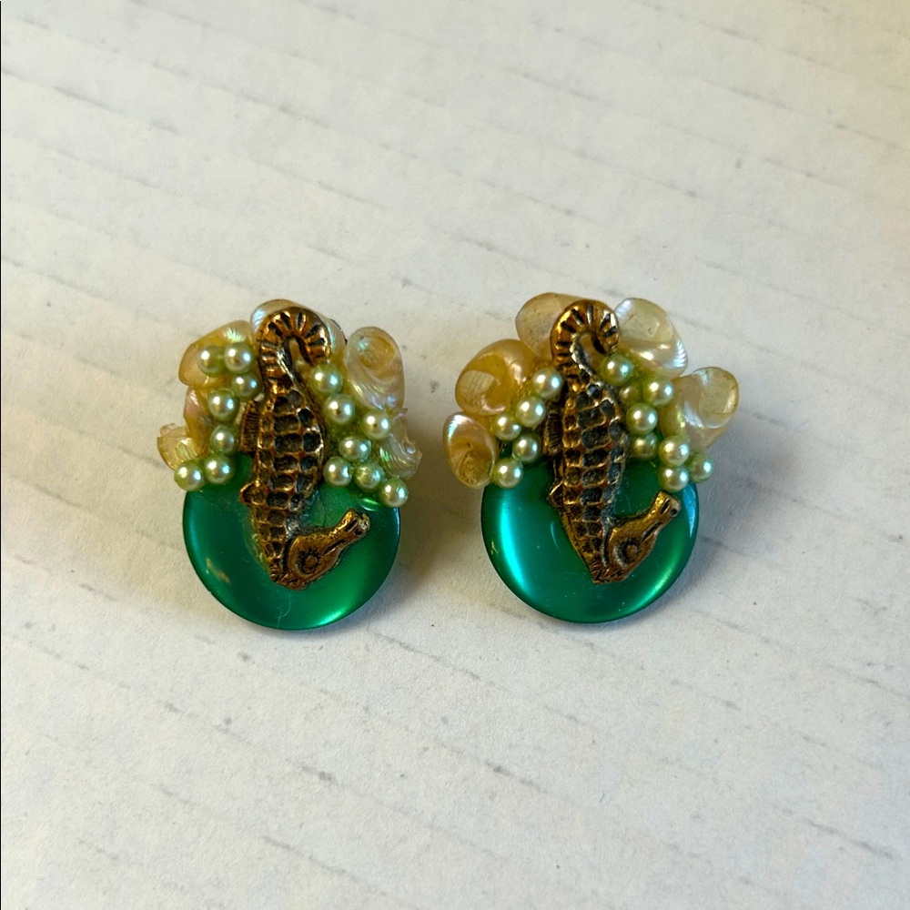 Charming Seahorse Earrings with Green and Gold Details. 60s Era